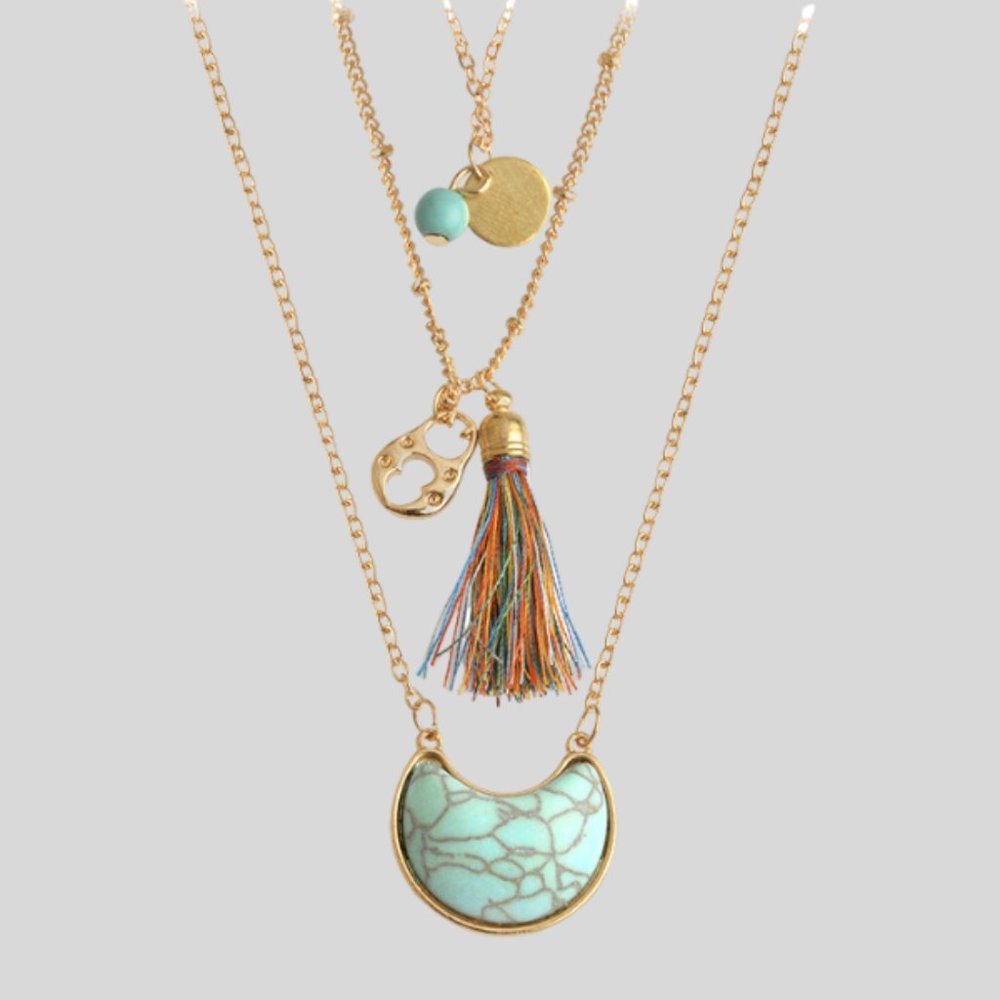 Boho Gold Turquoise Tassel Necklace